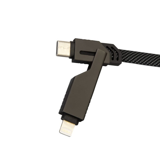 A black and grey universal charging and data cable with angled connectors, featuring a textured design.
