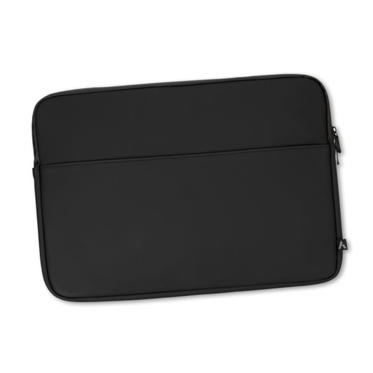 A soft-touch black laptop sleeve with an exterior zip pocket and a subtle logo.