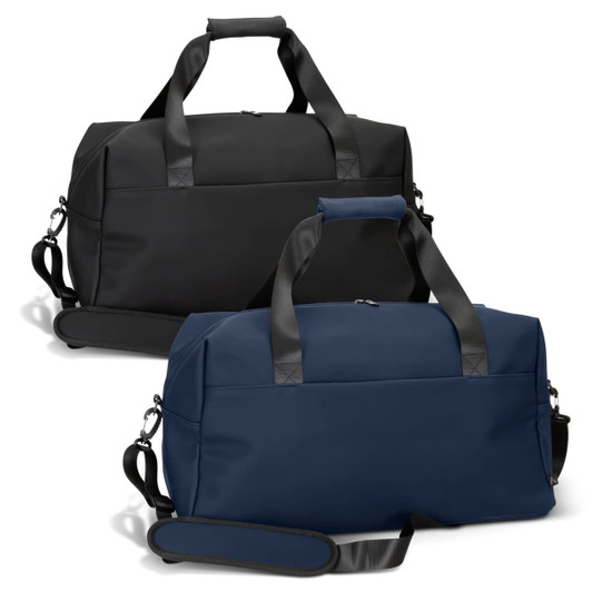 A soft-touch duffle bag in black and navy, featuring dual handles and an adjustable shoulder strap.
