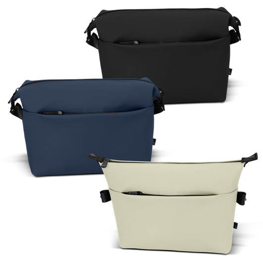 A collection of three toiletry bags in black, navy blue, and cream, featuring pockets and a logo.