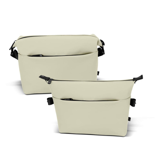 A soft-touch toiletry bag in cream, featuring multiple compartments and a strap, with a logo on the front.
