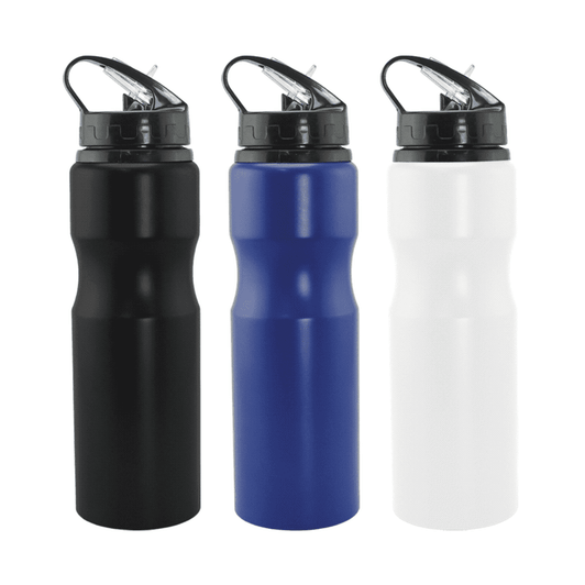 A drink bottle set featuring three aluminium sports bottles in black, blue, and white, each with a black lid and logo.