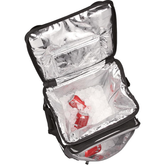 A rolling cooler in black and silver, filled with ice and red drink cans inside. It features a zippered top and pockets.