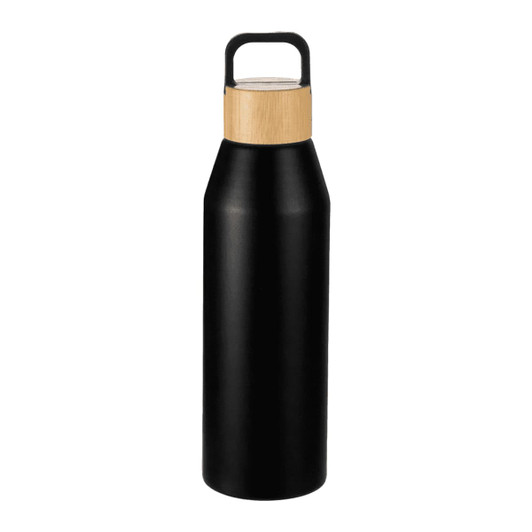 A drink bottle made of black stainless steel with a bamboo lid, featuring a handle for easy carrying.