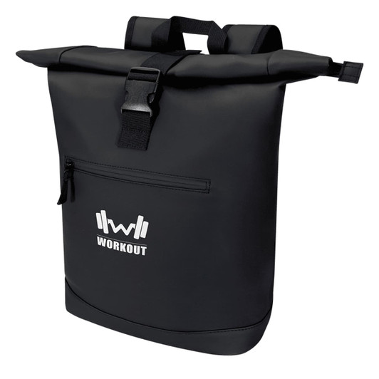 A black roll-top backpack with adjustable straps and a front zipped pocket, featuring a logo.