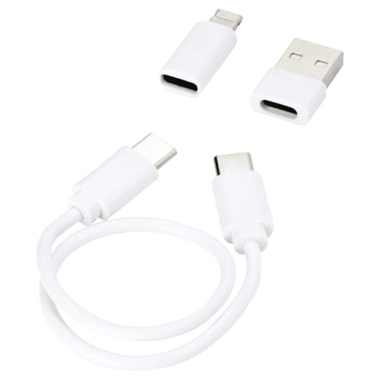 A white modular charging cable with USB and two types of connectors lying on a flat surface. It includes a branding logo.