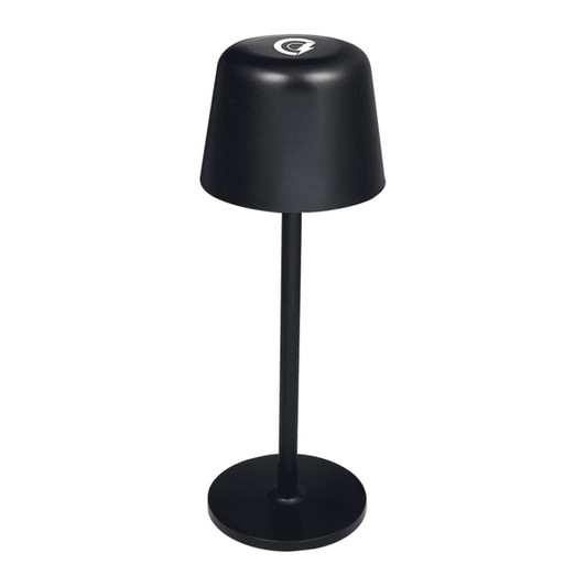 A black recycled mini rechargeable lamp with a conical shade and a circular base, featuring a logo.