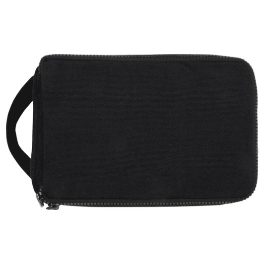 A black toiletry organiser with a zip closure and a carrying handle. It features a branding logo.