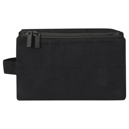 A black toiletry organiser with a zip closure and a carrying handle, designed for storage convenience.