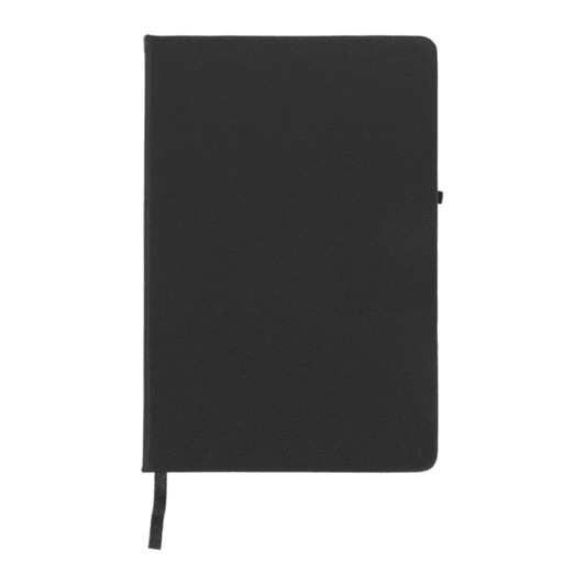 A black journal book with a textured cover and a ribbon bookmark. Features a logo on the front.
