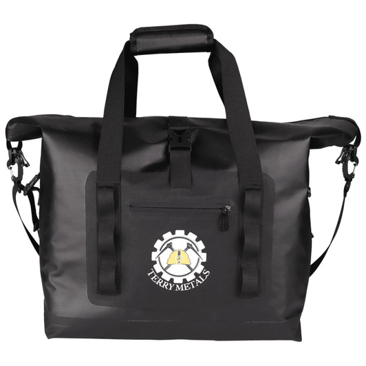 A black roll-top cooler with multiple handles and a front pocket, featuring a logo.