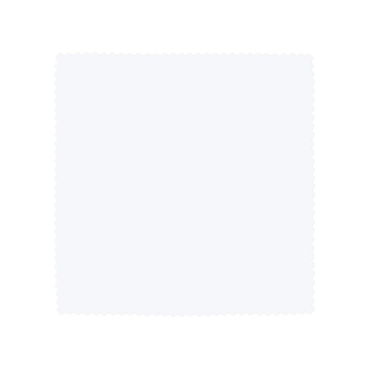 A zigzag-edged microfiber lens cloth in light color, designed for cleaning electronics. Includes a logo.