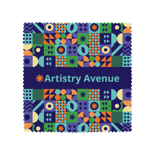 A patterned lens cloth featuring various geometric shapes in blue, green, orange, and yellow, with a branding logo.