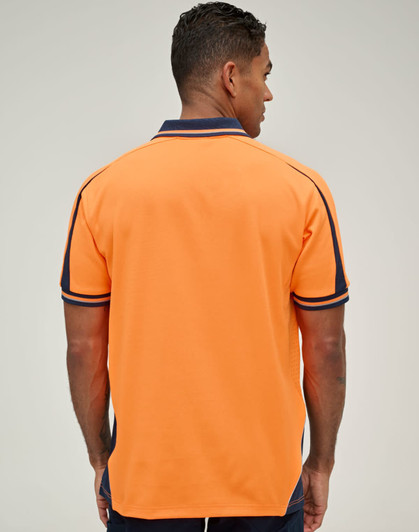 A safety polo shirt in bright orange with navy accents and a collar, viewed from the back. It features a logo.