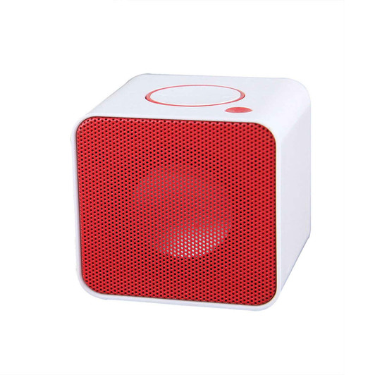 A square Bluetooth speaker in red and white featuring a mesh front and a logo on the side.