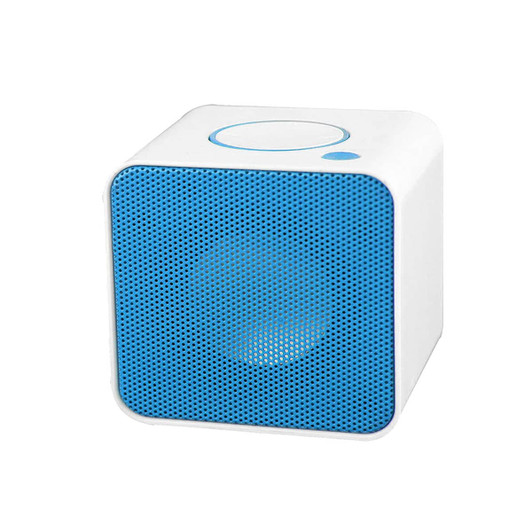 A square speaker in white and blue with a perforated front grille and a control button on top.