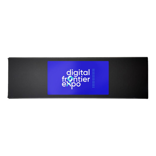 A rectangular black promotional item with a blue screen displaying the text "digital frontier expo" and a logo.
