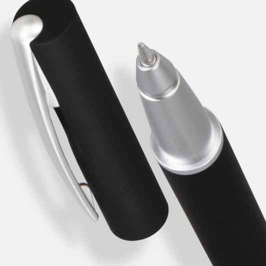 A black rollerball pen with a silver clip and a shiny tip, featuring a branding logo.