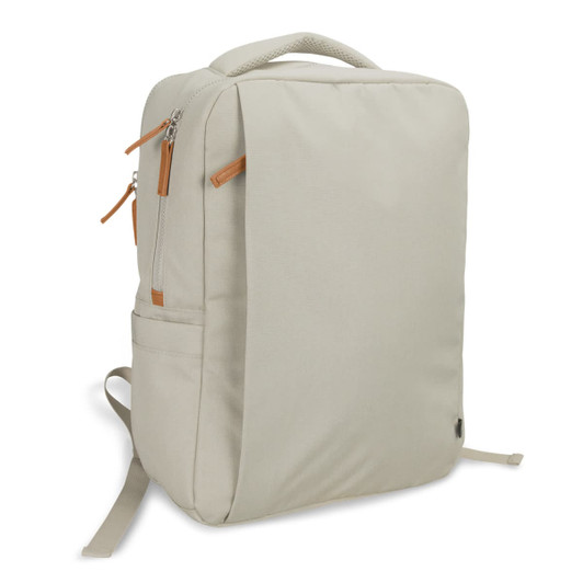 A beige backpack with a zippered pocket, shoulder straps, and a top handle, featuring a logo.