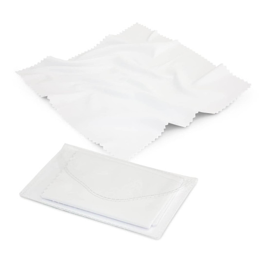 A white microfibre cleaning cloth neatly folded in a clear pouch, featuring a textured edge.