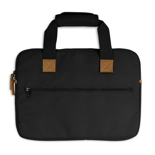 A black laptop bag featuring sturdy handles and a zippered pocket on the back, with brown accents.
