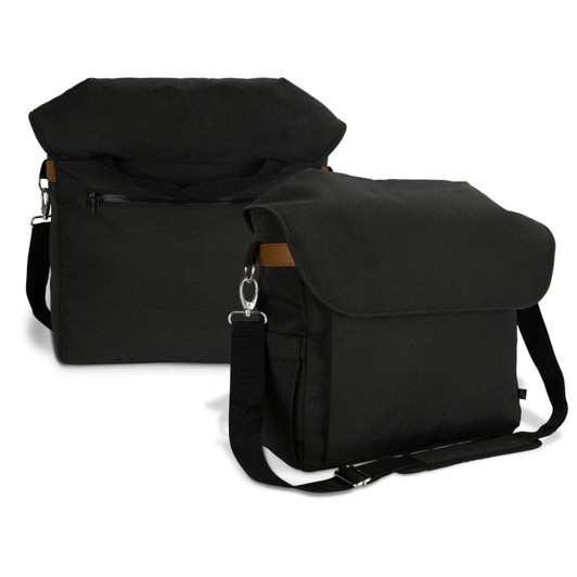 A black messenger bag with a flap closure, featuring a crossbody strap and a zippered pocket on the front.