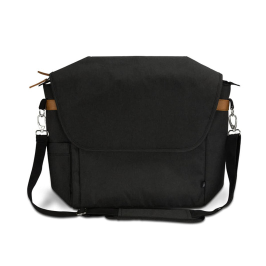 A black messenger bag with a flap, featuring brown accents and adjustable strap. Includes side pockets and branding.