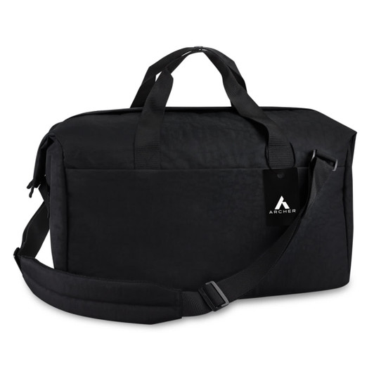 A black duffle bag with sturdy handles and a shoulder strap, featuring a logo tag.