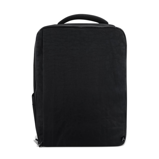 A black travel backpack with a simple design and a top handle. It features a logo.