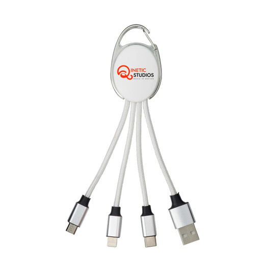 A multi-use charging cable in white and silver, featuring three different connectors and a branding logo.
