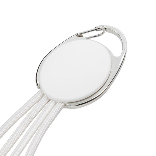 A promotional Boston Charger Cable featuring a round white connector with three braided white cables and a silver carabiner.