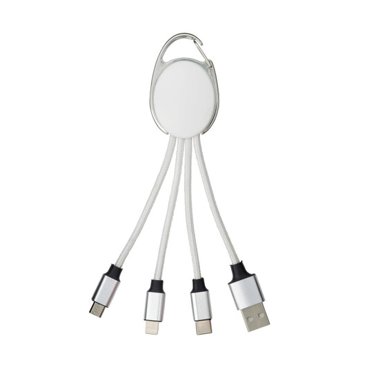 A white charging cable with multiple connectors, including USB, Lightning, and Micro USB, attached to a clip.