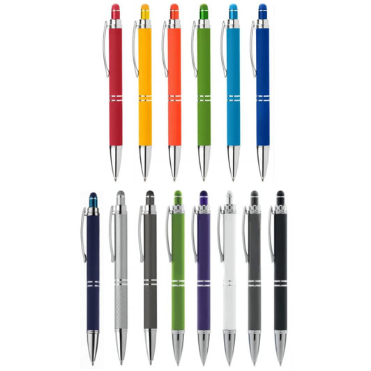 A collection of colourful pens in red, orange, yellow, green, blue, purple, grey, white, and black, with silver accents.
