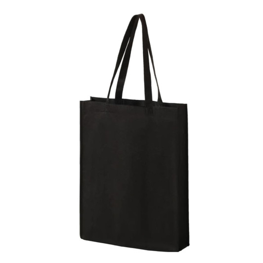 A black non-woven tote bag with two straps and a simple design, featuring a logo.