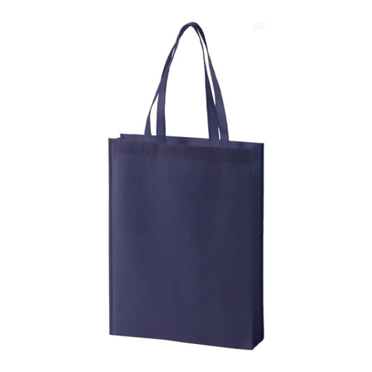 A navy blue non-woven tote bag with sturdy handles and a simple design, featuring a logo on one side.