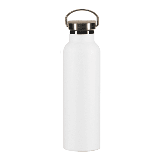 A drink bottle in white with a silver-coloured lid and a handle, featuring a logo.