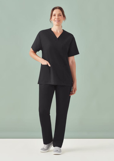 A unisex set of black scrub top and straight leg scrub pants with a logo on the top.