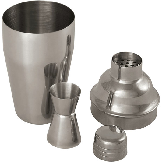 A stainless steel cocktail shaker set featuring a shaker, jigger, strainer, and lid, all in a sleek metallic finish.