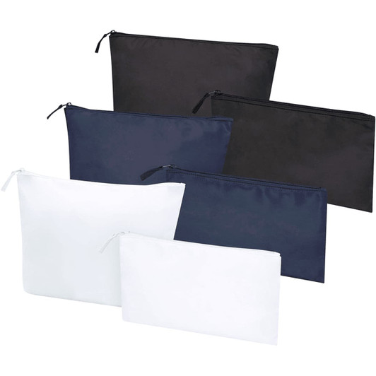 A set of six toiletry bags in black, navy, and white, varying in size with zip closures and a logo.