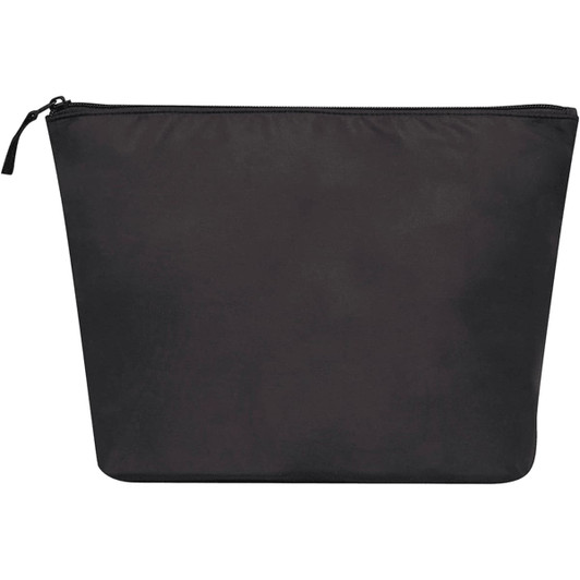 A black toiletry bag with a zip closure, featuring a minimalist design and a logo.