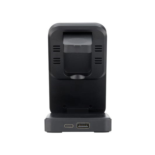 A black 3-in-1 charger with multiple ports and ventilation holes at the back. Features a simple, sleek design.