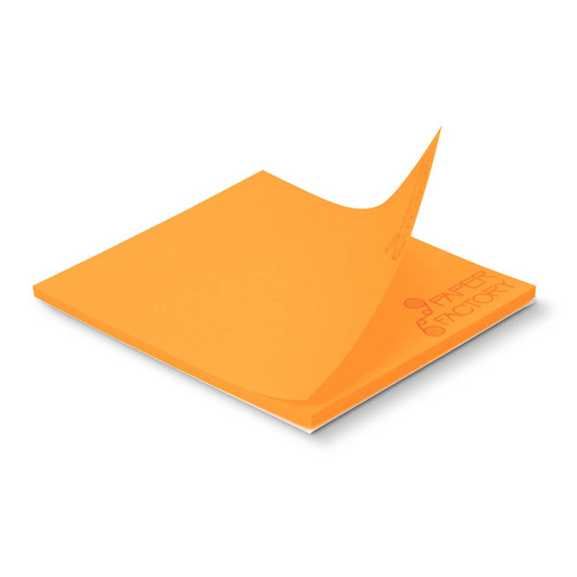 An orange sticky pad measuring 70 x 75mm with 25 sheets, featuring a logo on the corner.