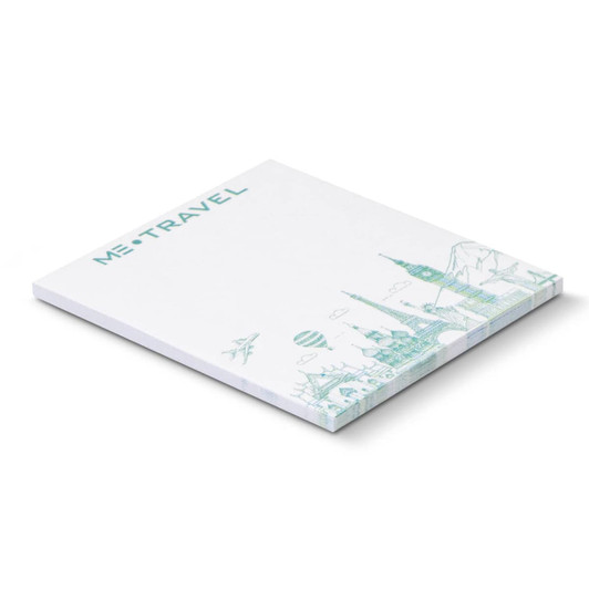 A sticky pad with a design featuring various landmarks, measuring 70 x 75mm, and containing 25 sheets.