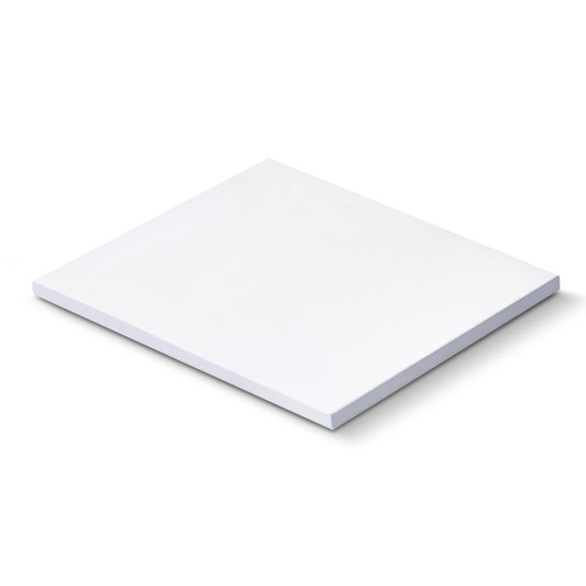 A white sticky pad with a square shape, measuring 70 x 75mm, featuring 25 sheets. There is a logo on the pad.