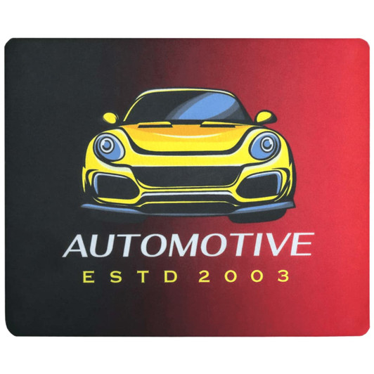 A mouse pad featuring a yellow sports car design against a gradient black and red background, with a logo present.