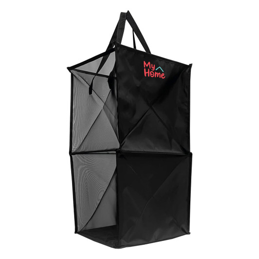 A black laundry basket with mesh panels and a logo on the front, featuring a convenient handle for carrying.