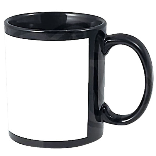 A black coffee mug with a glossy finish and a blank white space on one side, featuring a simple handle.