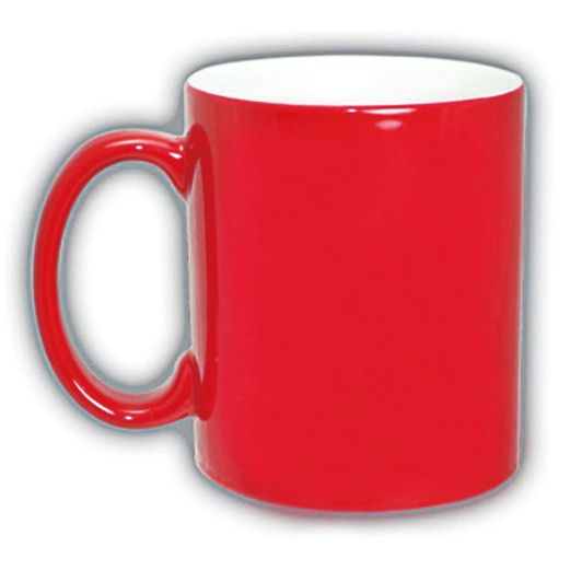 A red coffee mug with a smooth finish and a curved handle. It features a white interior.