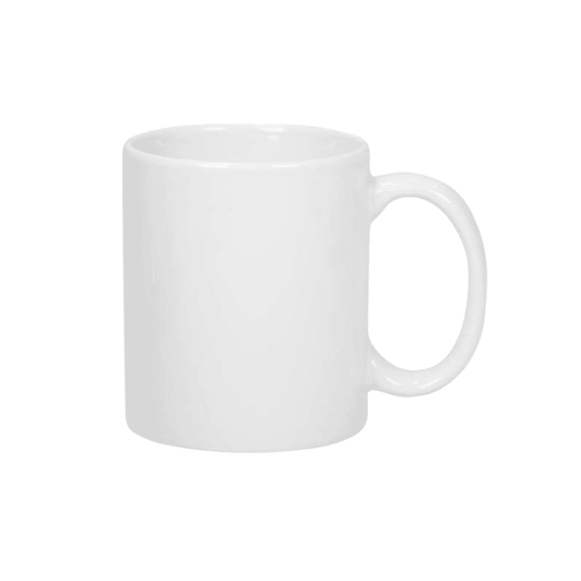 A white coffee mug with a smooth finish and a sturdy handle. It features a blank surface, ideal for custom designs.