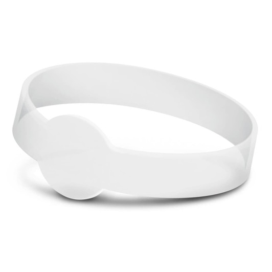 A white silicone wristband with a debossed section and a seamless design. It features a logo.